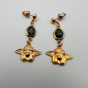 Vintage Gold Tone‎ Cherub Angel Drop Earrings Green Faux Stone Dangle Post Back